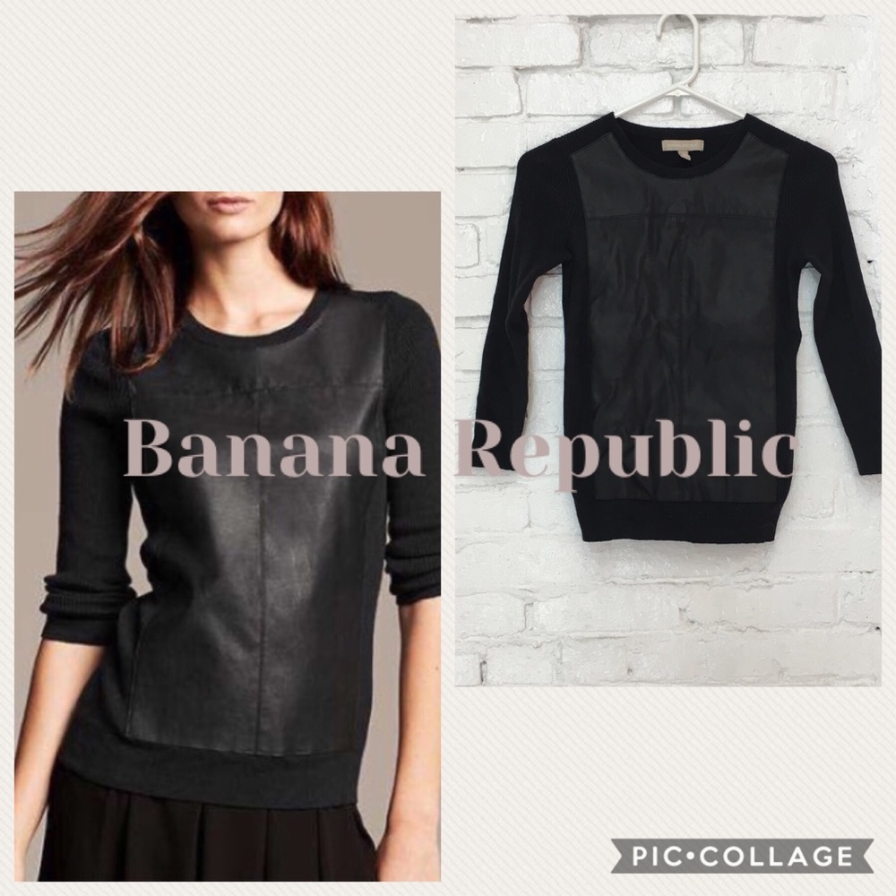 BR Leather Panel Crew Neck Pull Over Sweater Black